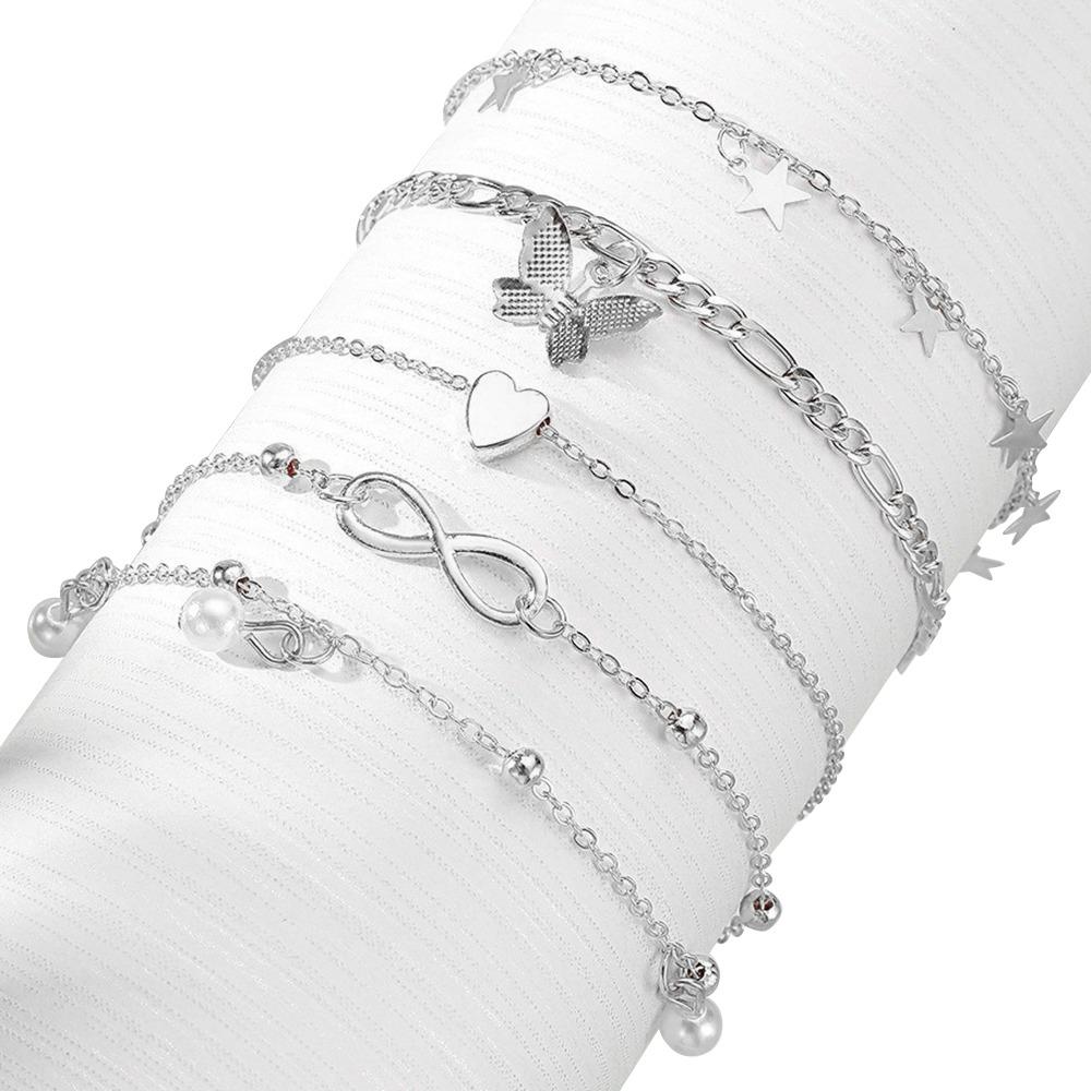 4Pcs/5Pcs Adjustable Heart Charm Anklet Pearl Charm Anklet  Women Girl Jewelry Accessories