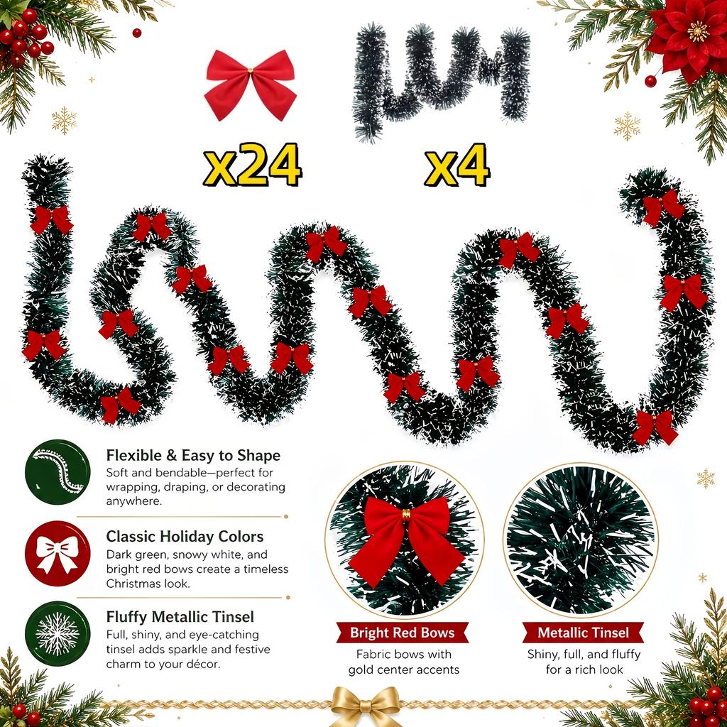 28-Piece Red Bow & Green Christmas Tinsel Garland - Dense & Shiny Holiday Sequin Party Wreath for Tree and Indoor/Outdoor Decor