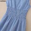 VONDA Women Sleeveless Elastic Waist Plaid Print Ruffled Casual Mini Tank Dress