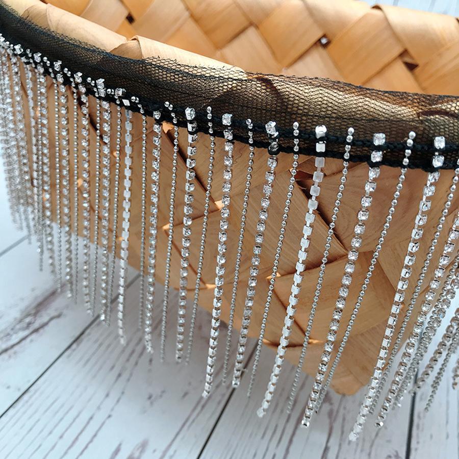 1 ярд хрустальная цепочка с бахромой из металлической цепочки, серебряная бисерная кружевная ручная работа, ткань с кисточками, ширина 9 см