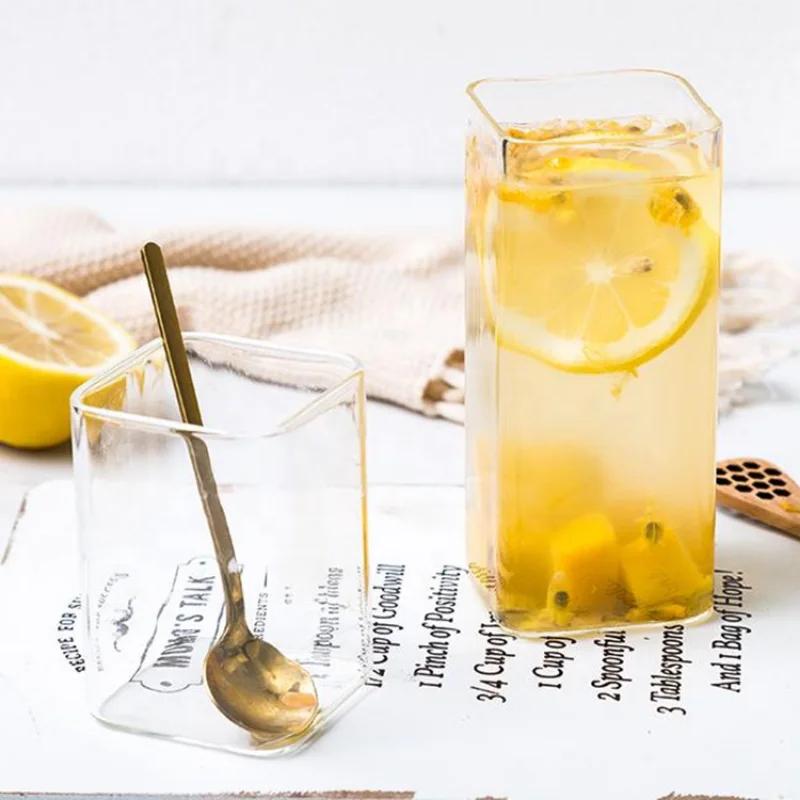 Square Glass Milk Tea Drink Cup High Borosilicate Transparent Glass Cold Drink Milk Juice Tea Cups Beer Coffee Cup 250/350/450ML