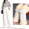 High Waist Fleece-Lined Wide Leg Pants with Fluffy Lamb Lining - Korean Style Winter Wear