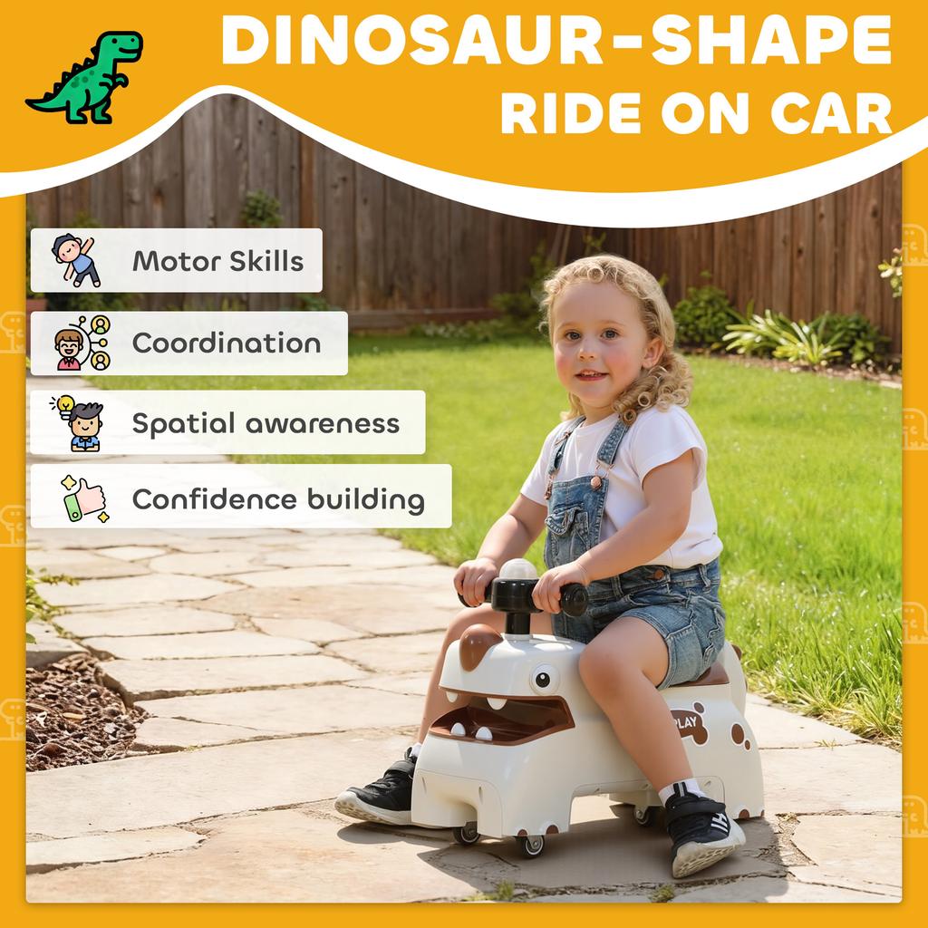 Kids Ride On Car Dinosaur Foot To Floor Slider With Storage Toddler Walker With Light Sounds Cream