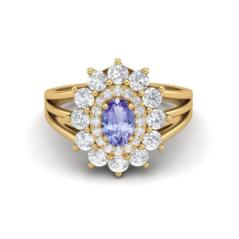 Кольцо-гало с раздвоенной шинкой из стерлингового серебра 925 пробы с позолотой, с овальным танзанитом 6х4 мм