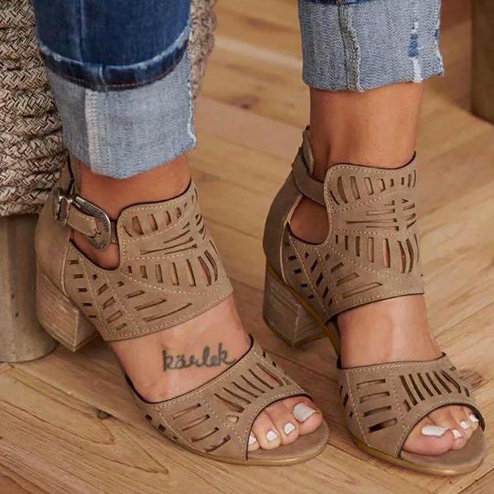 Hollow Fish Mouth Zipper Chunky Heel Women's Casual Sandals