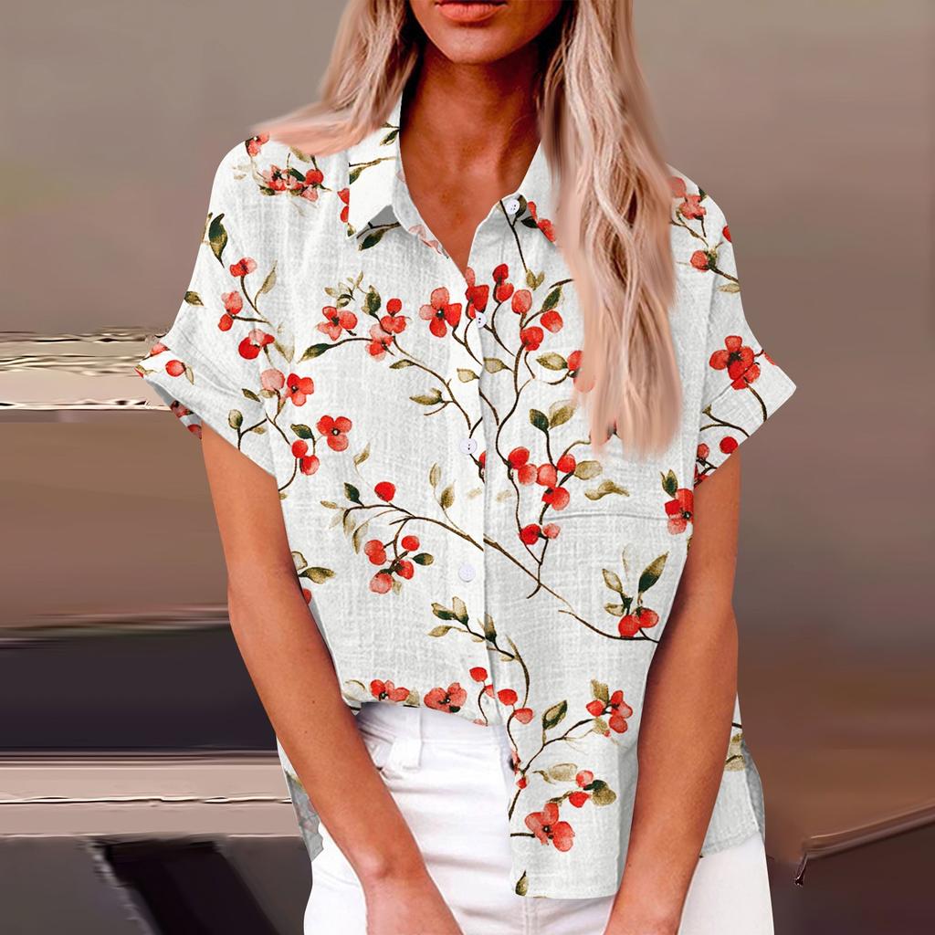 Женская модная свободная повседневная рубашка с коротким рукавом и отворотом на пуговицах, футболка с принтом, топ