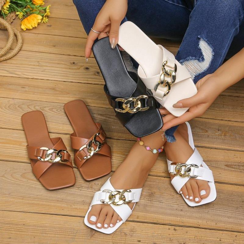 Лето 2024 года, новые модные туфли на плоской подошве с квадратным носком, модная повседневная обувь, женские римские сандалии с металлической цепочкой большого размера