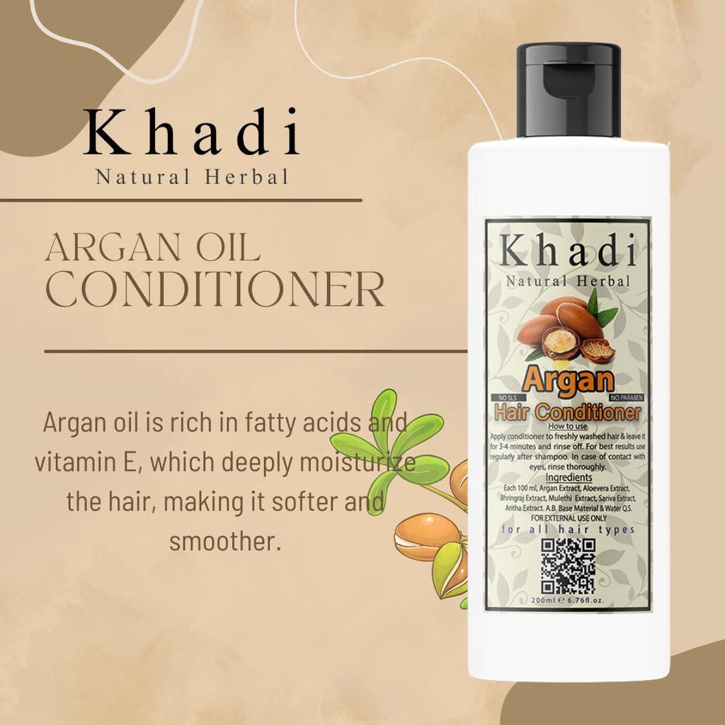 Khadi Natural Herbal Argan Conditioner 200 ml Pack For Dry Frizzy Hair Smooth Silky Hair Care