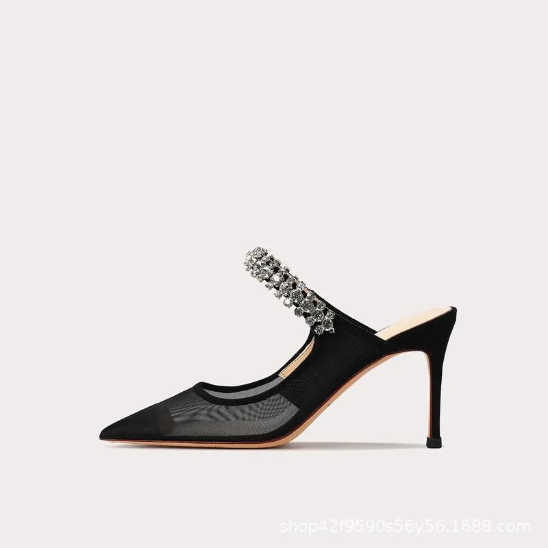 2024 New One Word Water Diamond Women's Summer Baotou Mesh Fine Heels Pointed High Heels Black Slippers