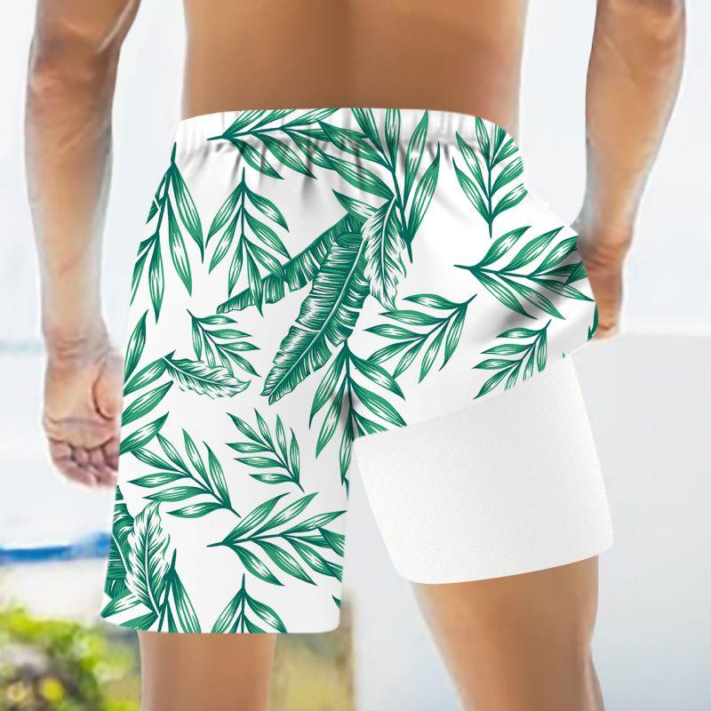 Men's Summer Double-layered Shorts Drawstring Swim Trunks Beach Printed Swim Pants with Pocket