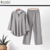ZANZEA Хлопково-льняная одежда Женская блузка и брюки Повседневный комплект из двух предметов