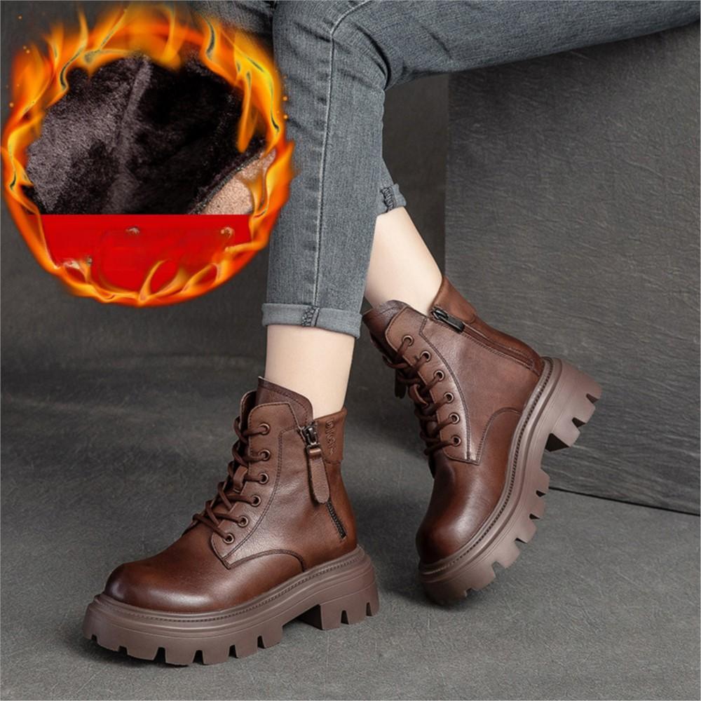 Johnature Women Boots Genuine Leather Winter Ziper Round Toe Women Shoes Sewing Handmade Retro Ankle Platform Boots