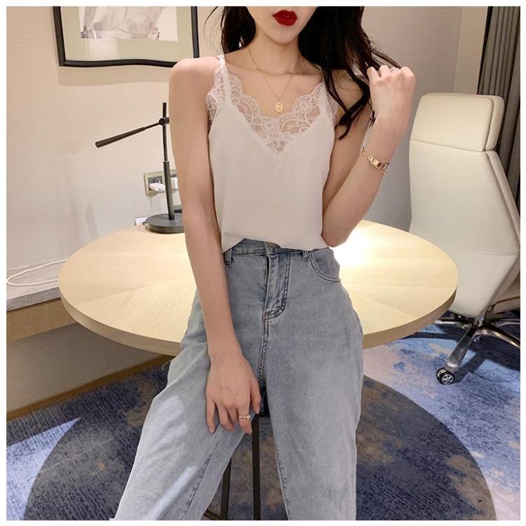 White Suspender Female Lace Vest Summer Suit with V-neck Large Top Lace Bottom Loose Solid Casual Top