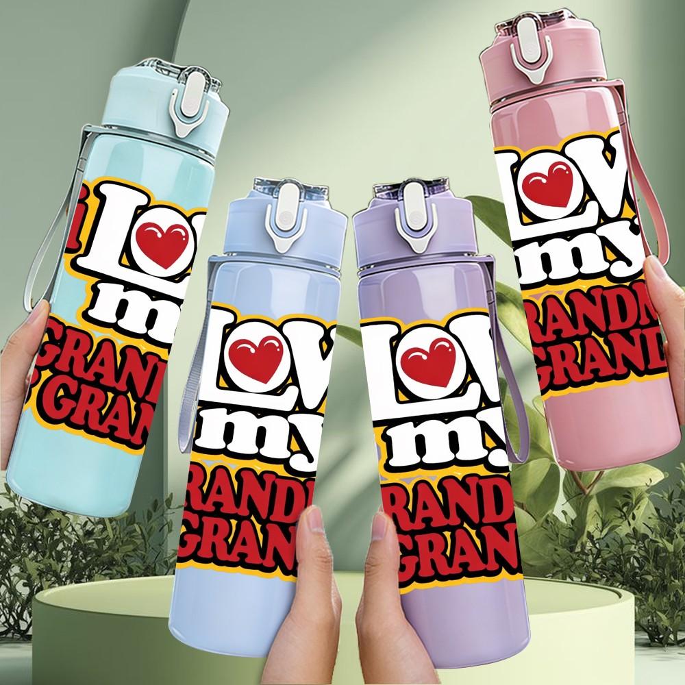 1PC I Love My Grandma Slogan Print 750ml Color Plastic Sports Water Bottle Leakproof Flip Straw Lid Suitable for Sports Office Home Use