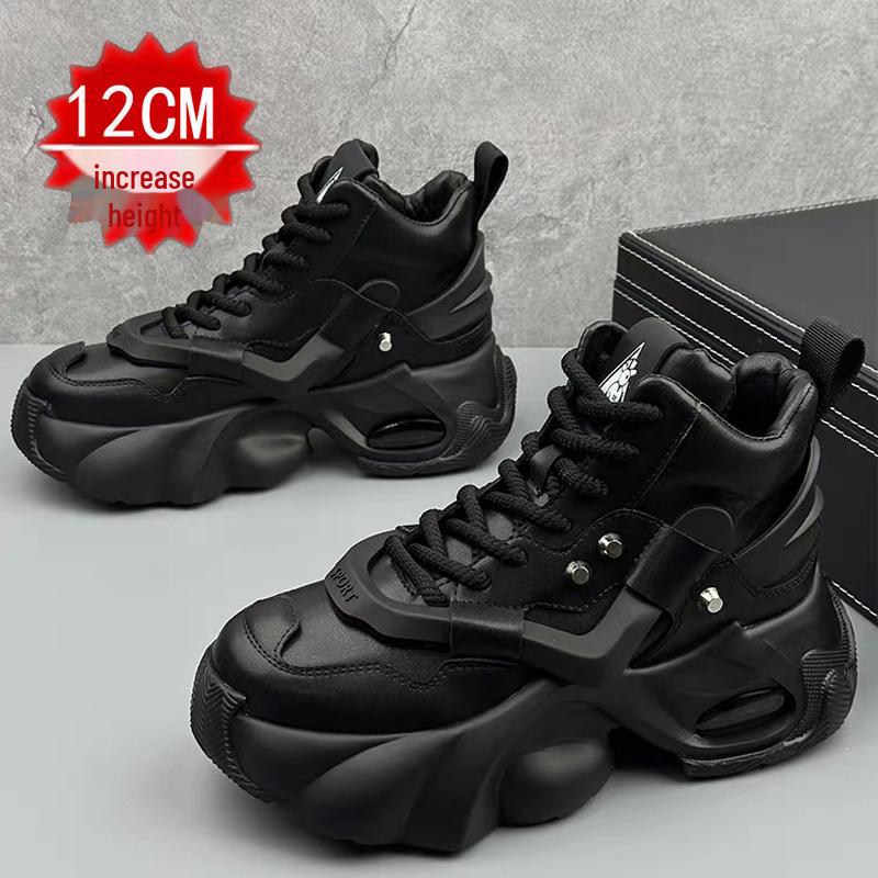 2024 Men's White High-Top Shoes with 12cm Invisible Height Increase, Air Cushion, Thick Sole, Fashionable Dad Sneakers
