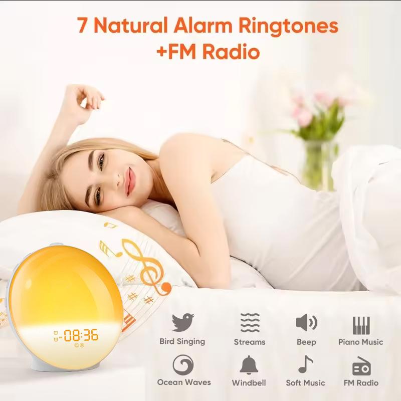 7 Colors Light Sunrise Sunset Simulation Light White Noise Alarm Clock With FM Radio Digital Clock Atmosphere Lamp Wake up Light