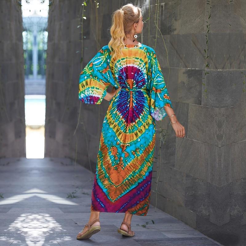 EDOLYNSA богемный купальник, накидка в полоску в стиле ретро, ​​женская летняя одежда с поясом, длинное платье-кимоно, пляжная одежда, накидки на бикини Q1521