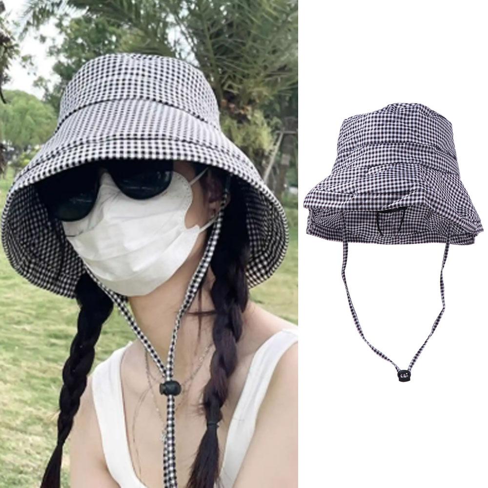 Casual Plaid Sun Hats Summer Fisherman Hat Fashion Drawstring Bucket Hats  Outdoor