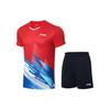 Футболка с коротким рукавом и V-образным вырезом Li Ning Quick Dry Cool и шорты со средней посадкой, баскетбольный комплект, спортивная одежда унисекс, цвет киноварно-красный AATT021-2