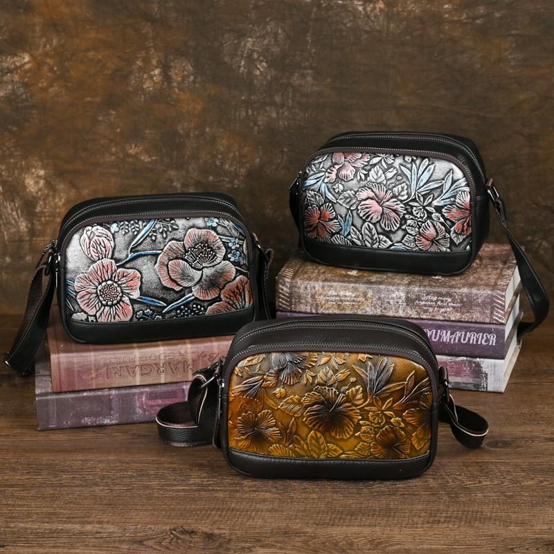 Johnature Genuine Leather Retro Embossed Women Bag Versatile Hand Painted Cowhide Shoulder & Crossbody Bags
