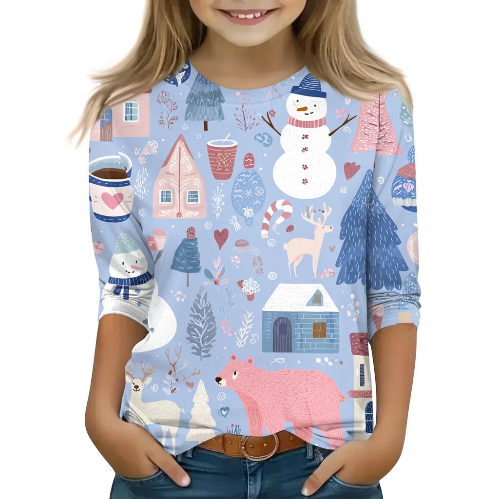Children's 3/4 Sleeve Round Neck Top Christmas Tree Printed Everyday Casual Top
