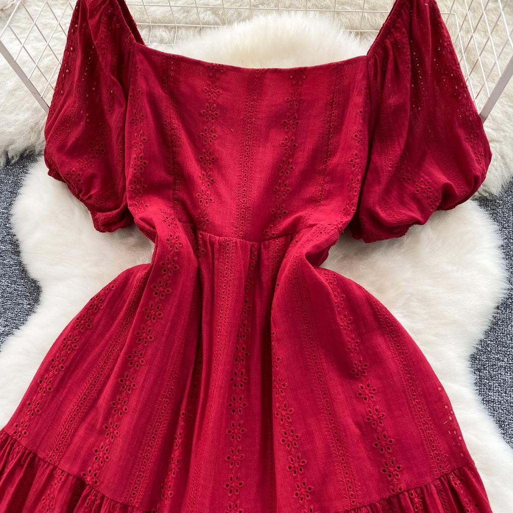 Summer Bohemian White Dress for Women Clothing Hollowed Out Square Neck Reduced Age Puff Sleeves Slim Embroidered Long Dress