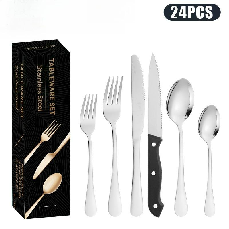 Набор столовых приборов из нержавеющей стали, нож, вилка и ложка, 24 предмета, западный, для стейка, гостиничный, с титановым покрытием, черные нож, вилка и ложка