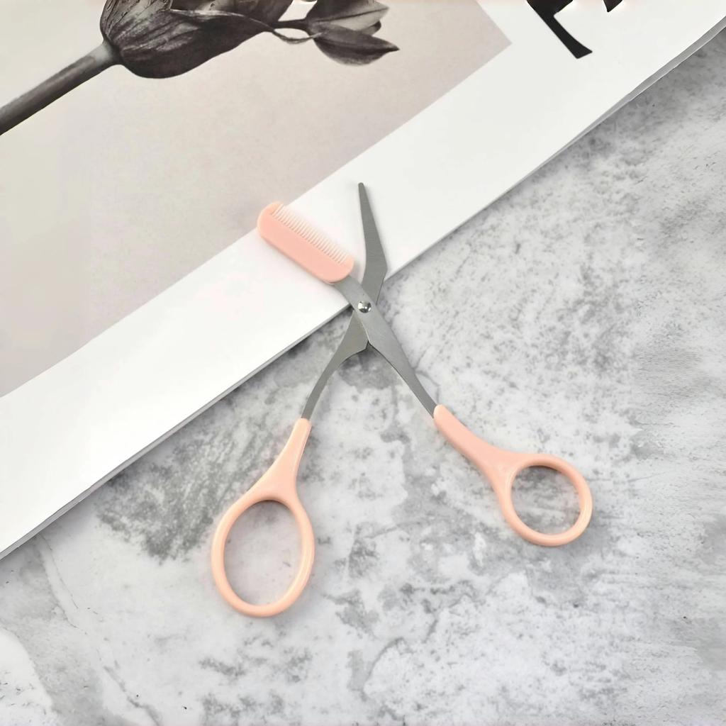 Pink Eyebrow Trimming Scissors with Built-in Comb Stainless Steel Precise Grooming Tool Creating Perfect Eyebrows