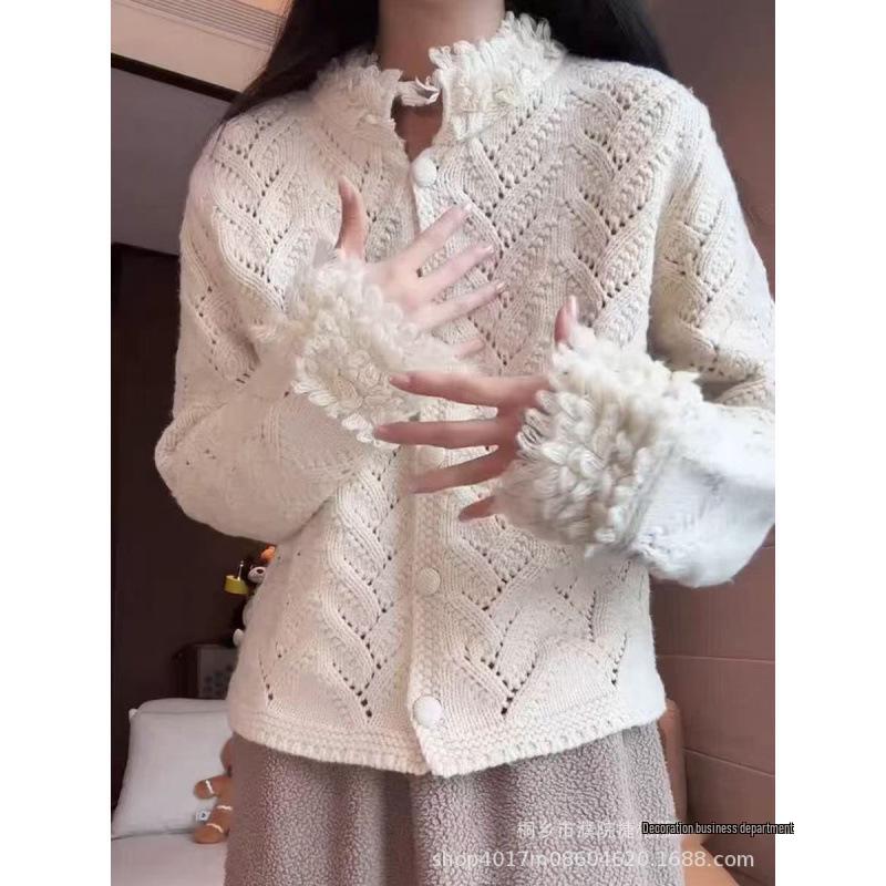 Autumn Crochet Hollow Tassel Trim Stand Collar Button-Up Cardigan Sweater