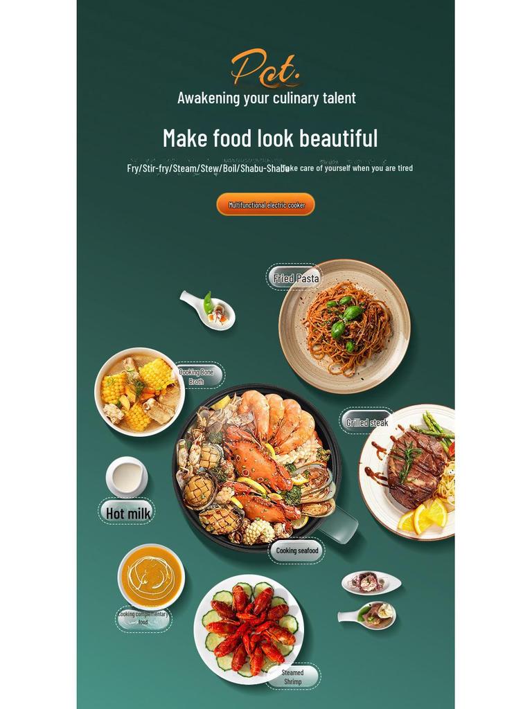 Компактная многофункциональная электрическая лапшеварка: Сковорода с антипригарным покрытием и кастрюля из нержавеющей стали для общежитий