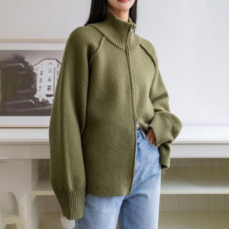 Women Lazy Style Solid Stand Collar Zipper Knit Cardigan Sweater Coat