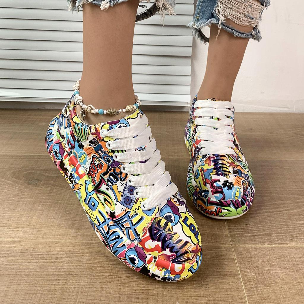 Fashion Painted Graffiti Sports Shoes for Women Lace-up Comfortable Platform Shoes