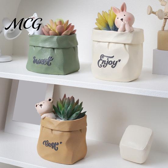 Pen Holder Wrinkled Paper Bag with Animal Decor, Resin Desk Cup Organizer & Succulents Planter, Cute Stationery Gift for Students Office Soft