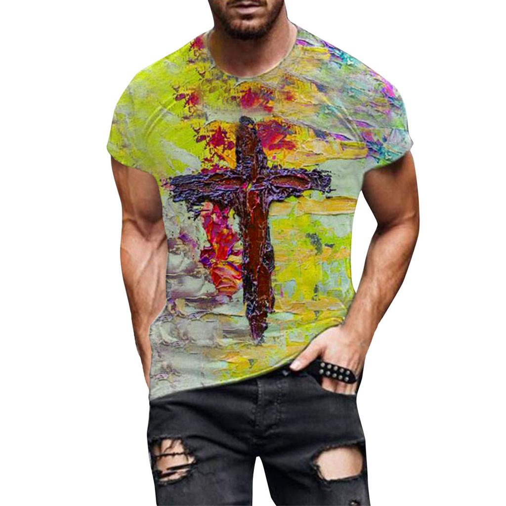 Men's Street Fashion Casual Cross Print Round Neck Short Sleeve