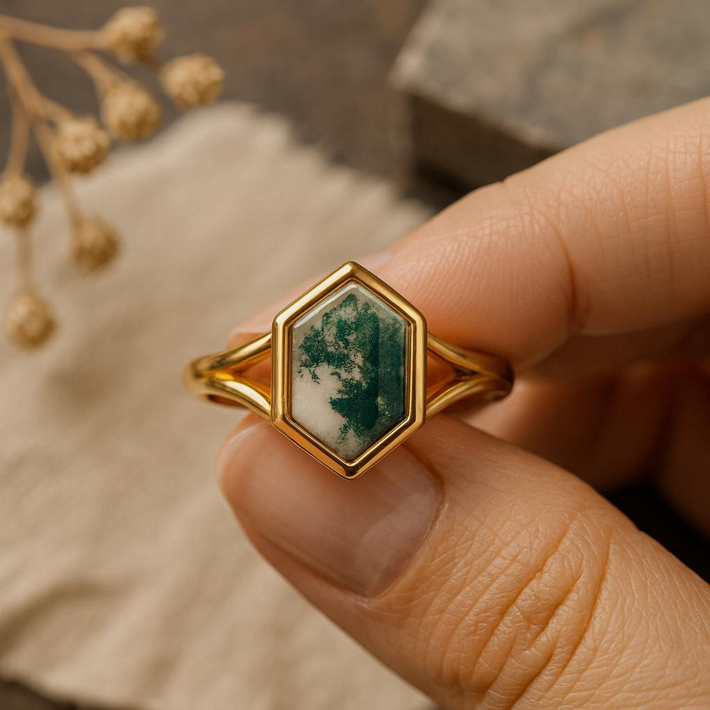 Свадьба Помолвка Юбилей Обещание Подарок – Винтажное кольцо с моховым агатом огранки «шестиугольник», оправа с позолотой из желтого золота, свадебные украшения для женщин