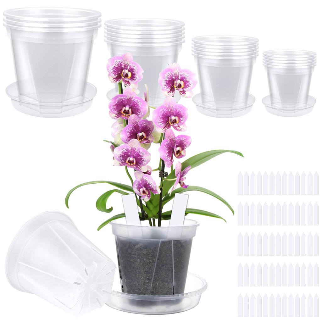 Набор из 18 прозрачных горшков для рассады с 18 поддонами, 4 размера, пластиковые горшки для пересадки и выращивания рассады, посадочные горшки для растений, 100 шт. этикеток для растений