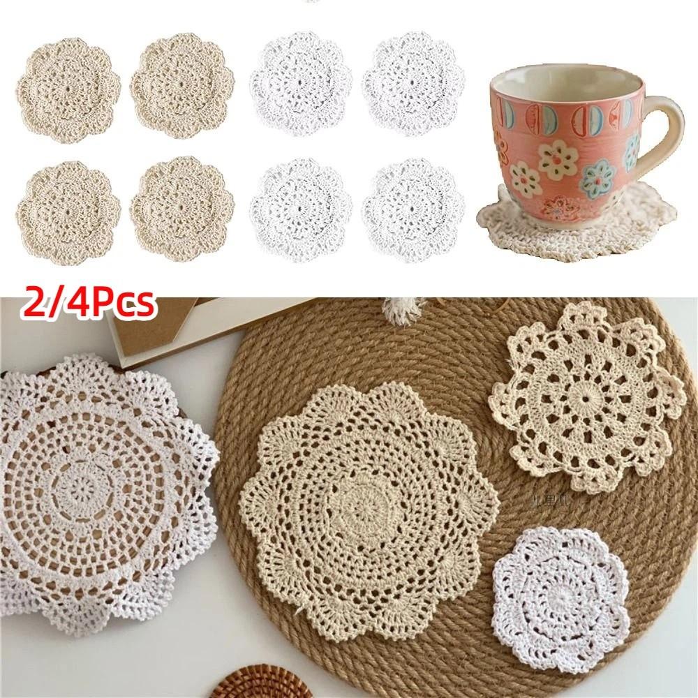 2/4Pcs Knitted Texture Lace Floral Coasters Vintage Round Woven Placemats Coffee Table