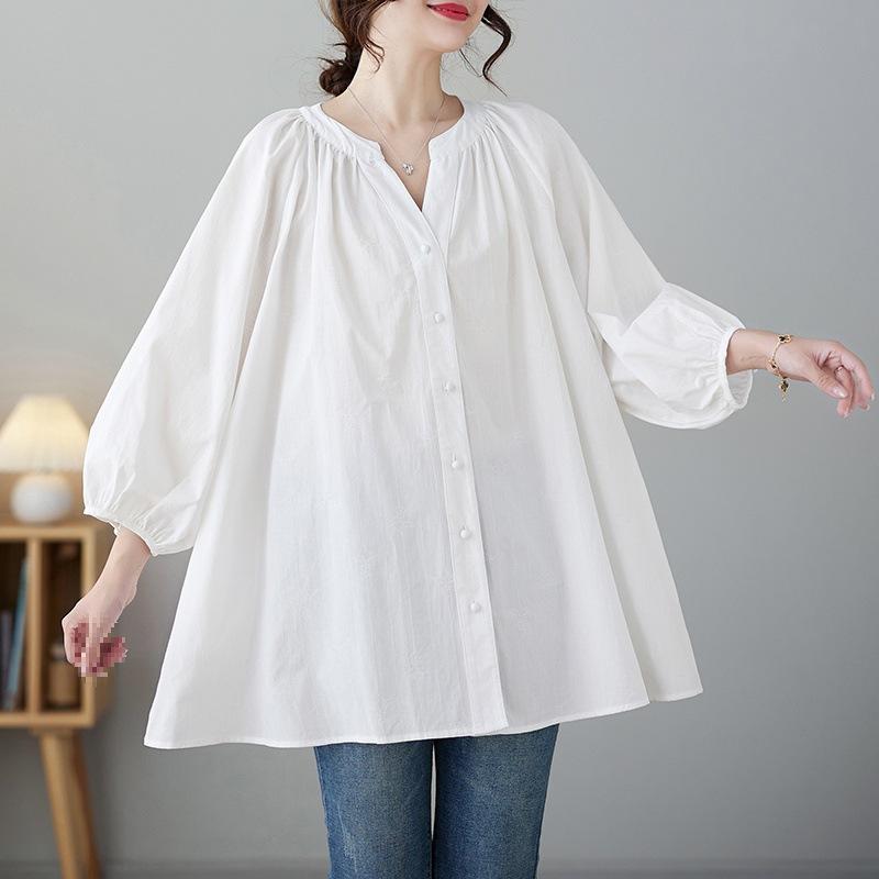 Весенне-летняя женская однотонная рубашка с v-образным вырезом и рукавами-фонариками, хлопково-льняная рубашка больших размеров