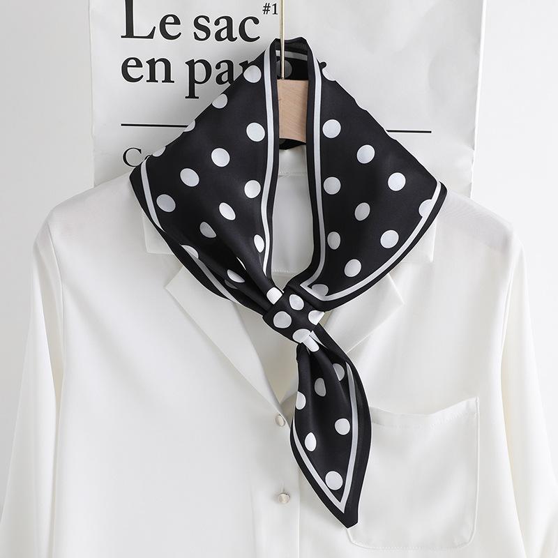 Korean fashion polka dot silk scarf women's versatile perforated cross scarf shirt with thin strip scarf spring and summer