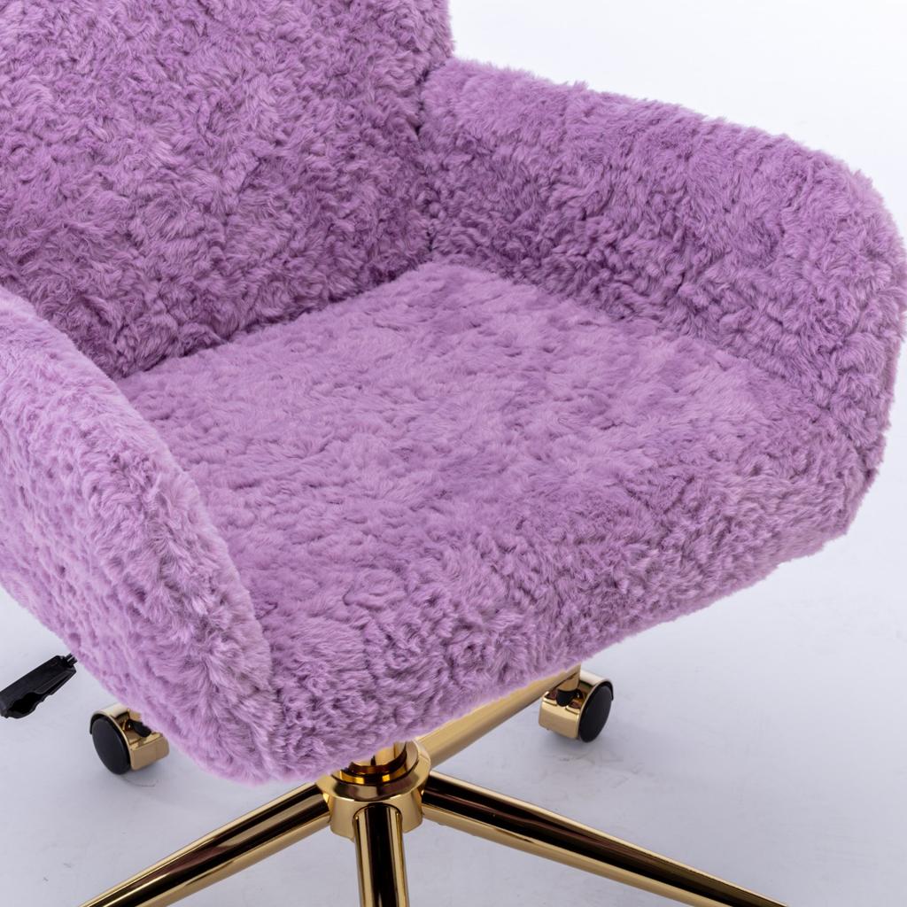 Fluffy Faux Rabbit Hair Vanity Chair, Violet Adjustable Height 360 degrees Swivel Home Office Chair with Armrest, Golden Metal Rolling Base,DE1831VT