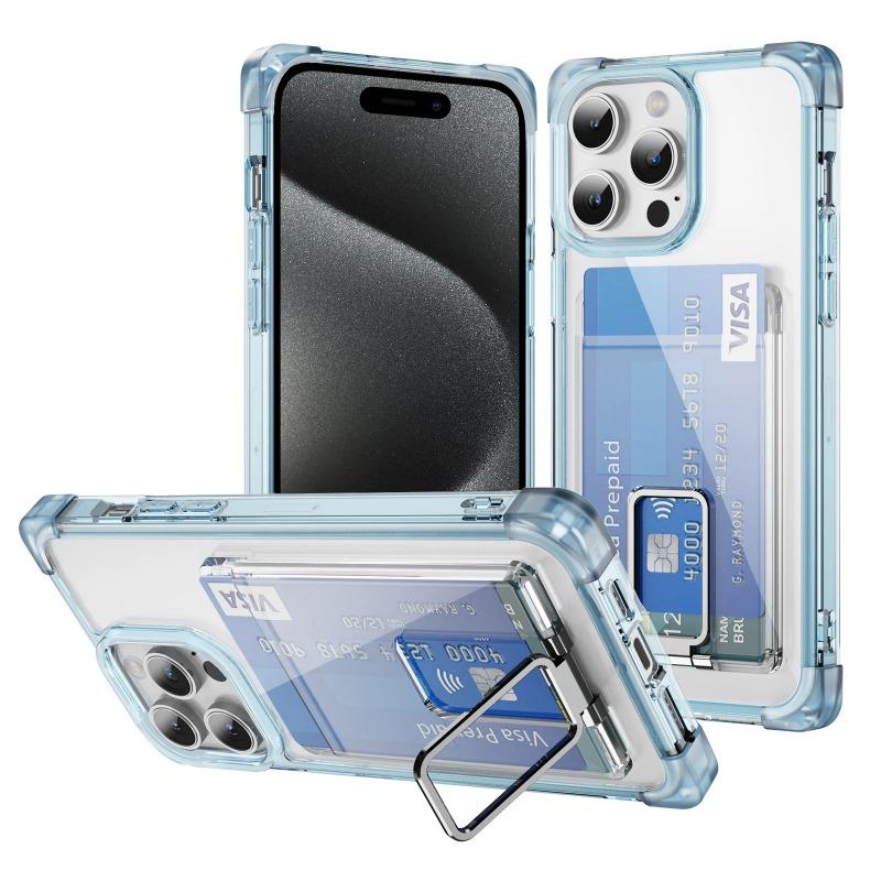 Shockproof Acrylic Card Slot Holder Clear Phone Case for iPhone 15 14 13 12 11 Pro Max 15Plus 14Plus Metal Kicstand Bumper Cover