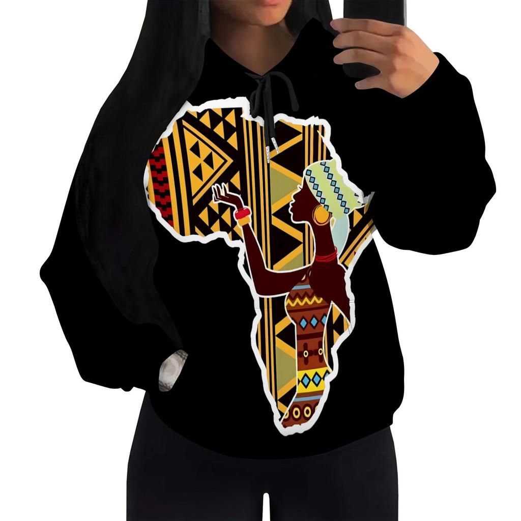 European & American Women's Casual Printed Black Hooded Sweatshirt with Patch Pocket - Drawstring MH612