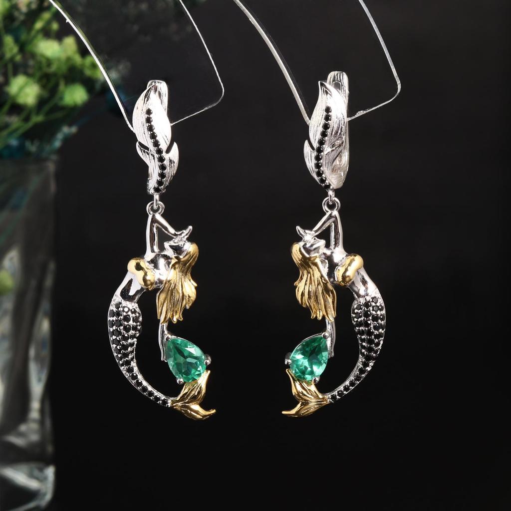 Элегантные серьги в виде русалки, созданные из грушевидного изумрудного нано-кристалла 5*7 мм, ювелирные изделия из стерлингового серебра 925 пробы для женщин, подарок для предложения и банкета