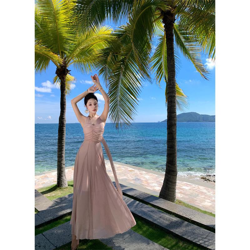 French super fairy streamer neck dress spring and summer vacation style pure desire sexy waist pleated collar mesh dress