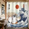 Расслабляющая шторка для душа с кошкой, японское искусство 'Большая волна' на закате, забавная сцена отпуска, уникальный эстетичный декор для ванной
