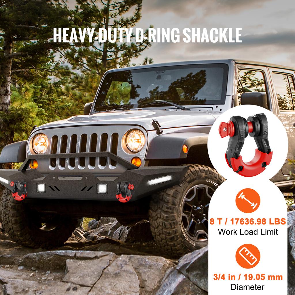 SucceBuy 2pcs 3/4" D-Ring Shackle U-Hook Loop Shackles with 7/8" Pin Isolators & Washers for Jeep Off Road Vehicle Recovery