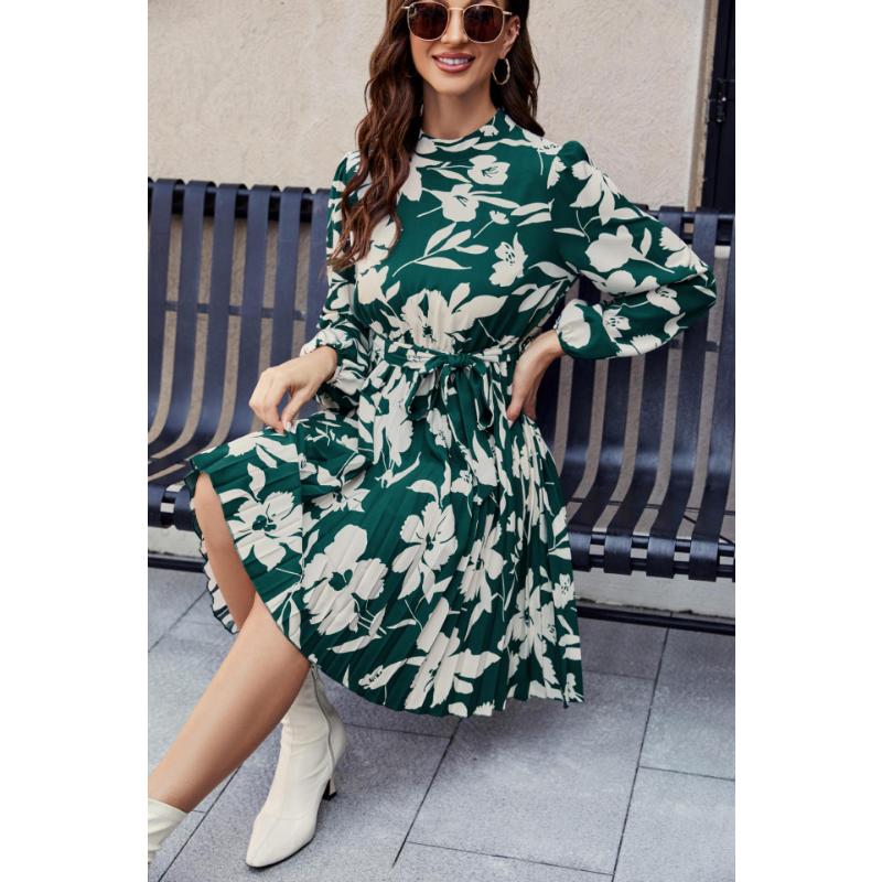 Women's Floral Print Long Sleeve Mini Dress Mock Neck Tie Waist Pleated A-Line Casual Dress for Daily Office Party