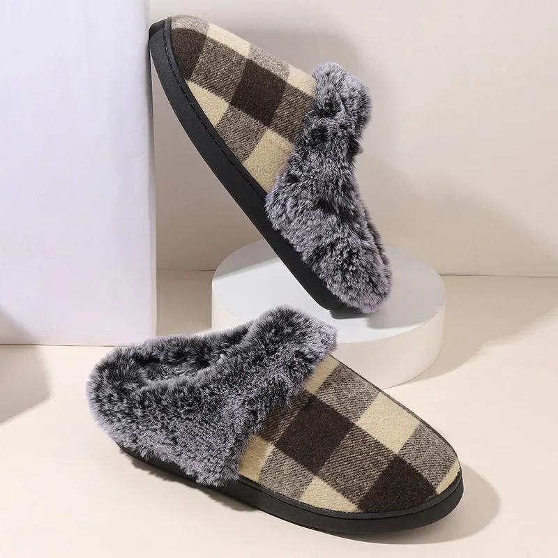 Faux Fur Thicken Plush Winter Slippers Women Closed Toe Non-Slip Warm Cotton Slides Woman Light Flat Heel Fur Slippers Female