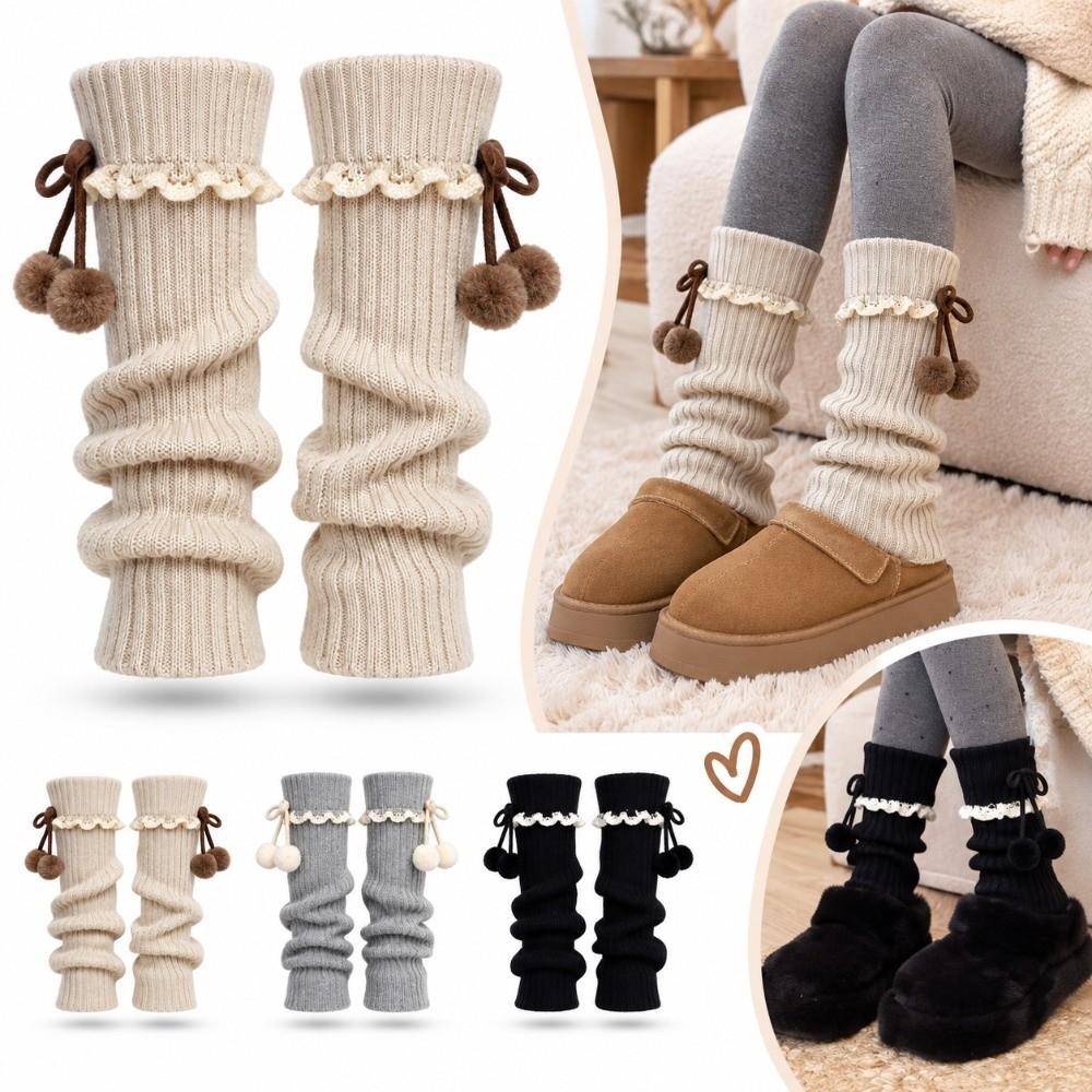 1 Pair Stretchy Fit Pom Pom Leg Warmer Slouch Silhouette Lace Slouch Sock Jk Uniform Lolita Outfit