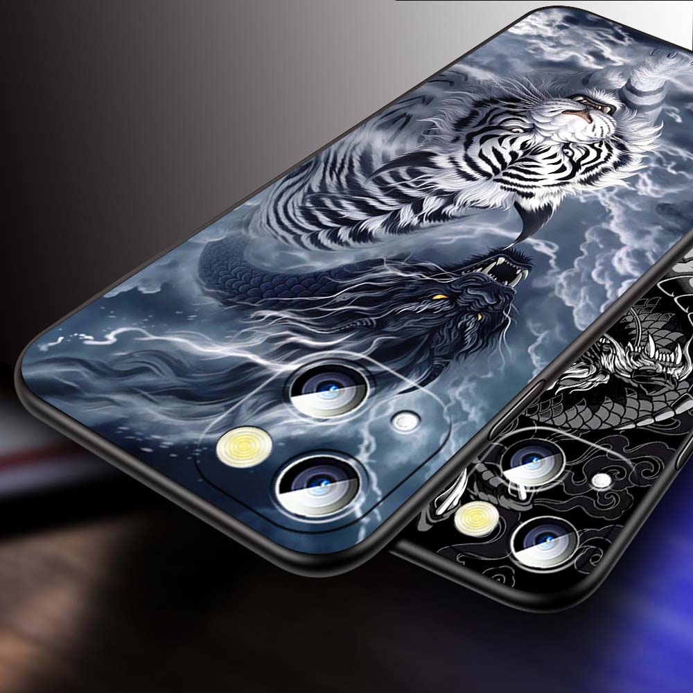 Дизайн с драконом в стиле аниме для Apple iPhone 17 16 16E 15 14 13 12 11 Pro Max Plus Черный Мягкий Силиконовый Чехол для Телефона